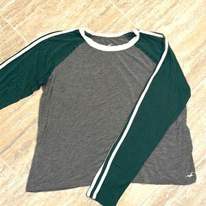 Hollister long sleeve T grey with green and white strips -size M